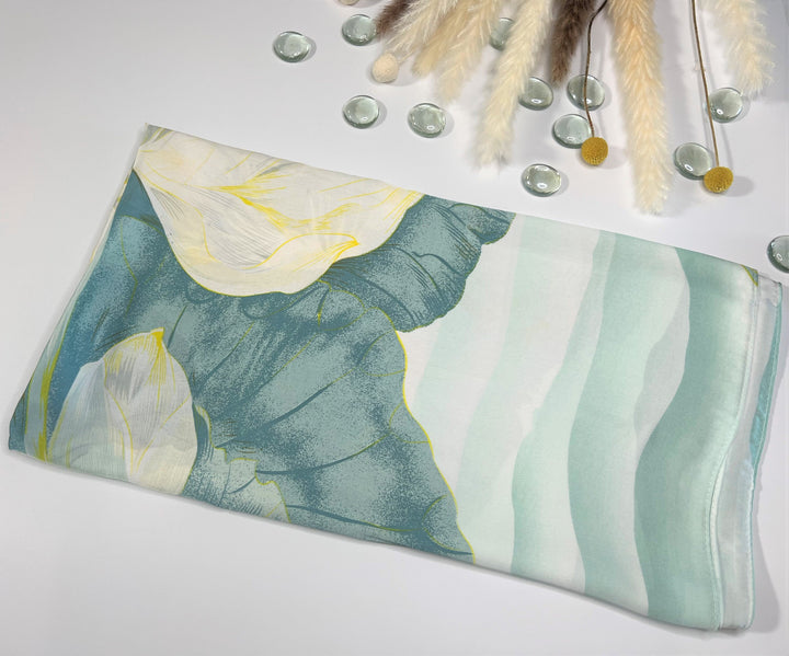 Ivory Shawl Green Lotus Summer Scarf Women Silk Scarves Bohemian Scarf Personalized Gift For Her Mothers Day Gifts Mom Gift for Women