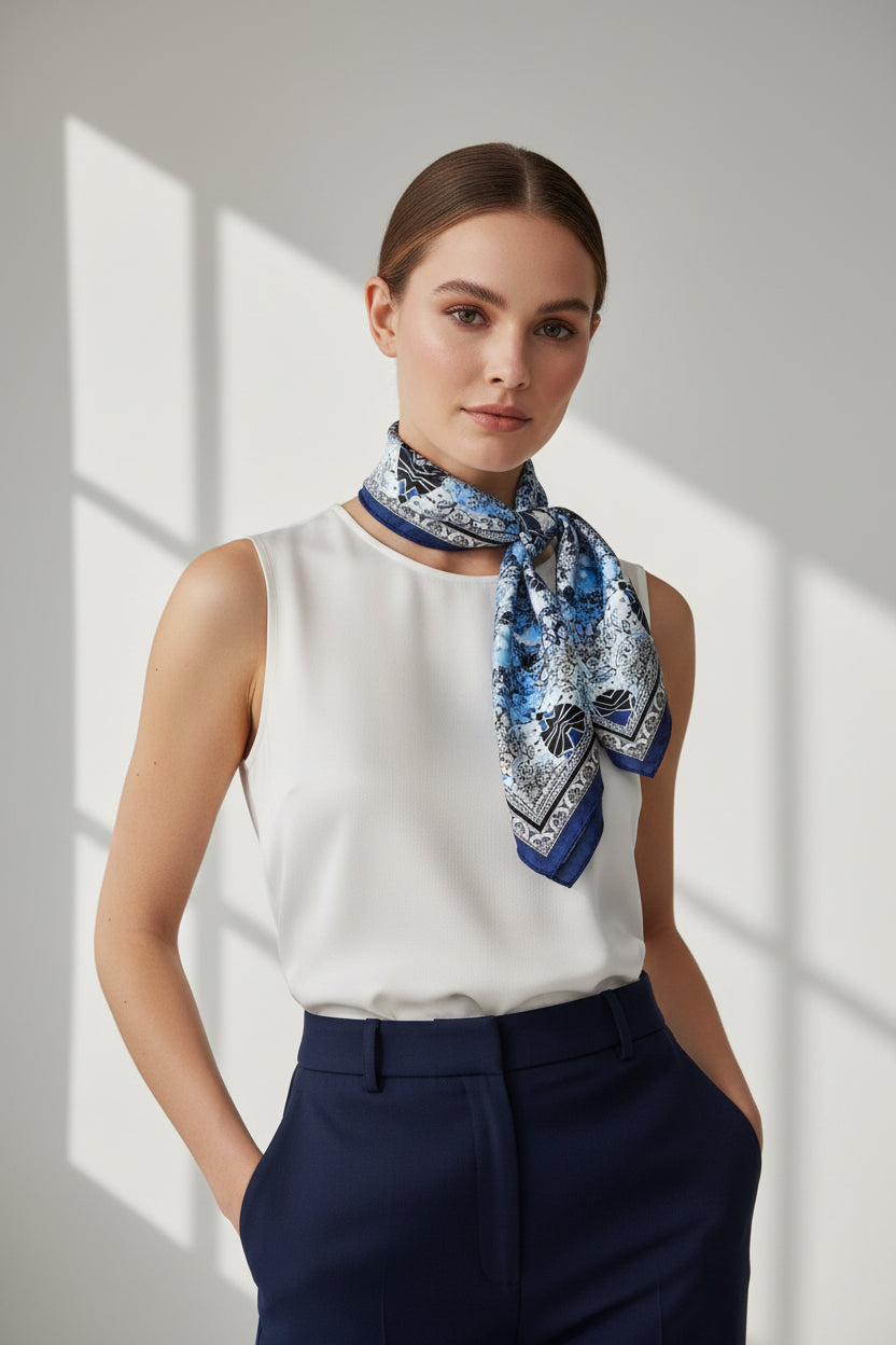 A square scarf with an intricate symmetrical mandala pattern in shades of blue, black, and white, featuring a decorative border, shown on a light gray textured background.