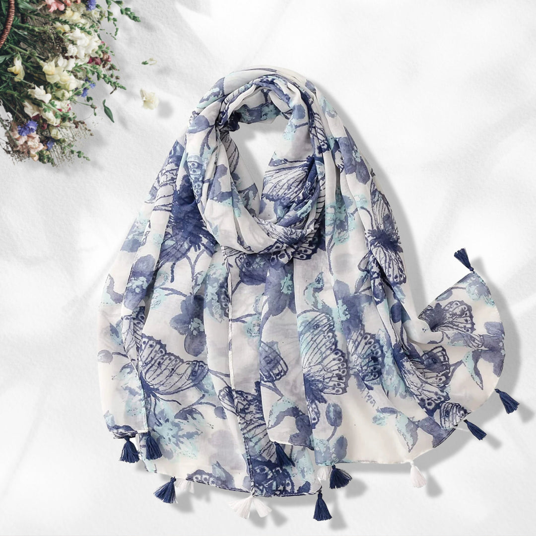 Butterfly Print Summer Scarf Blue and White Personalized Gift Wrap Shawl Soft Women Scarves  Lightweight Soft Long Scarf Mothers Day Gift - In The Bag Design