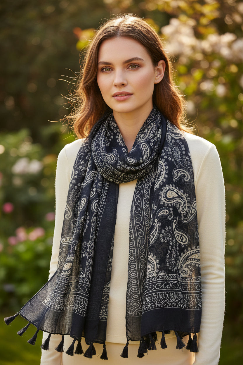 A navy blue scarf with paisley print, displayed on a mannequin surrounded by a floral backdrop.