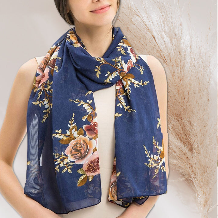 Navy Floral Print Scarf / Women Scarves / Silky Personalized Scarf / Soft Chiffon Long Wrap Scarf Shawl / Infinity Scarf Loop / Gift For Her