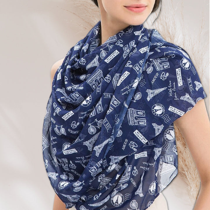 Navy Paris Print Scarf / Women Scarves / Personalized Scarf / Soft Chiffon Long Wrap Scarf Shawl / Infinity Scarf Loop / Gifts For Her - In The Bag Design