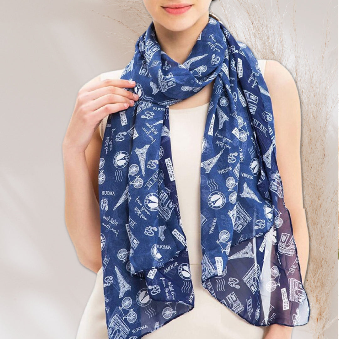 Navy Paris Print Scarf / Women Scarves / Personalized Scarf / Soft Chiffon Long Wrap Scarf Shawl / Infinity Scarf Loop / Gifts For Her - In The Bag Design