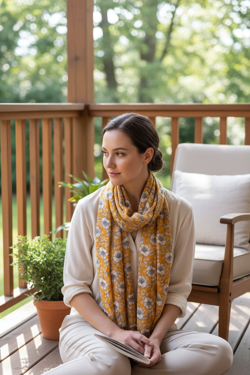 A mustard yellow scarf with a floral pattern, draped elegantly on a white surface, with a small flower arrangement at the top.