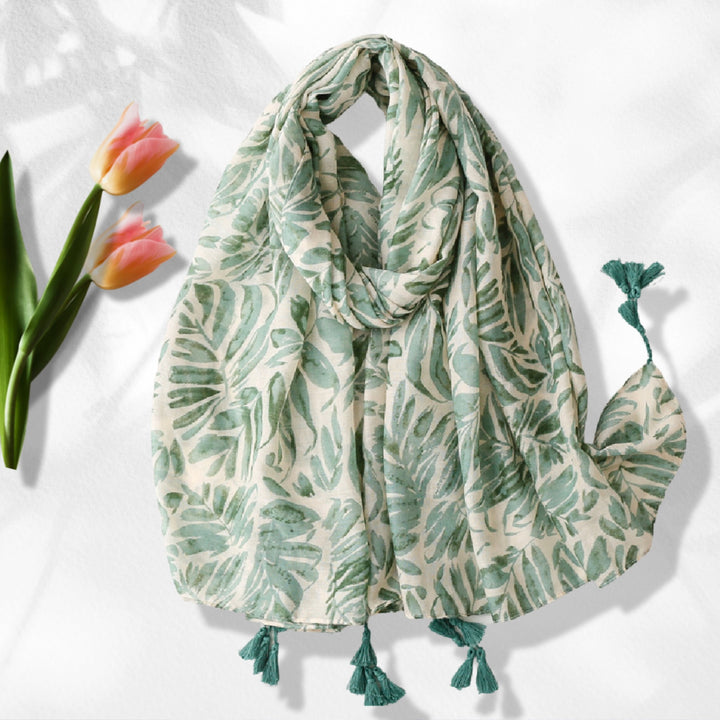 Leaf Tropical Print Scarf Women's Scarves Green Ivory Shawl Wrap Summer Scarf Sarong Beach Wrap White Tail Scarf Bridesmaids Gift for Her