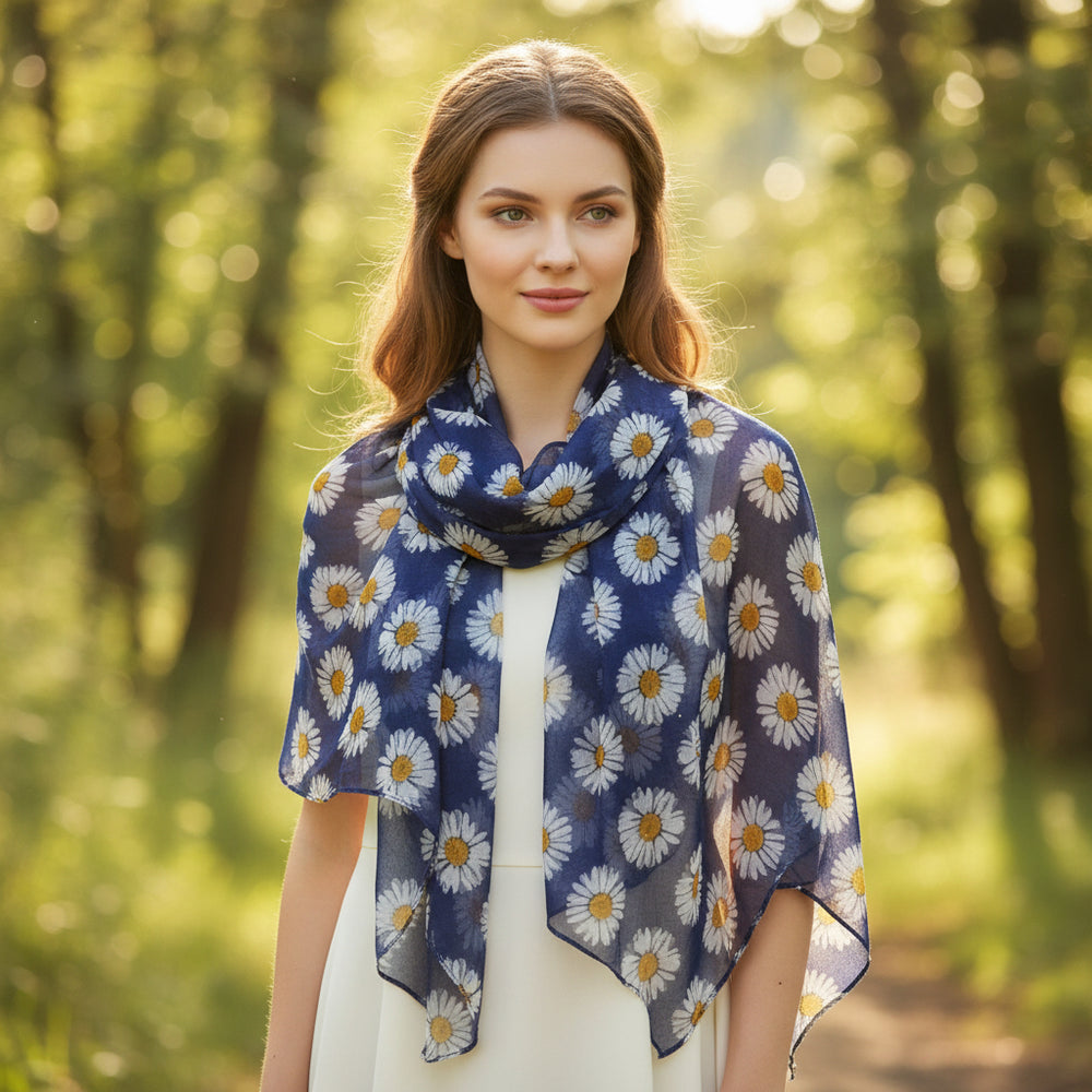 A woman standing outdoors in a sunlit forest wearing a navy blue sheer scarf with a white and yellow daisy print over a cream dress.