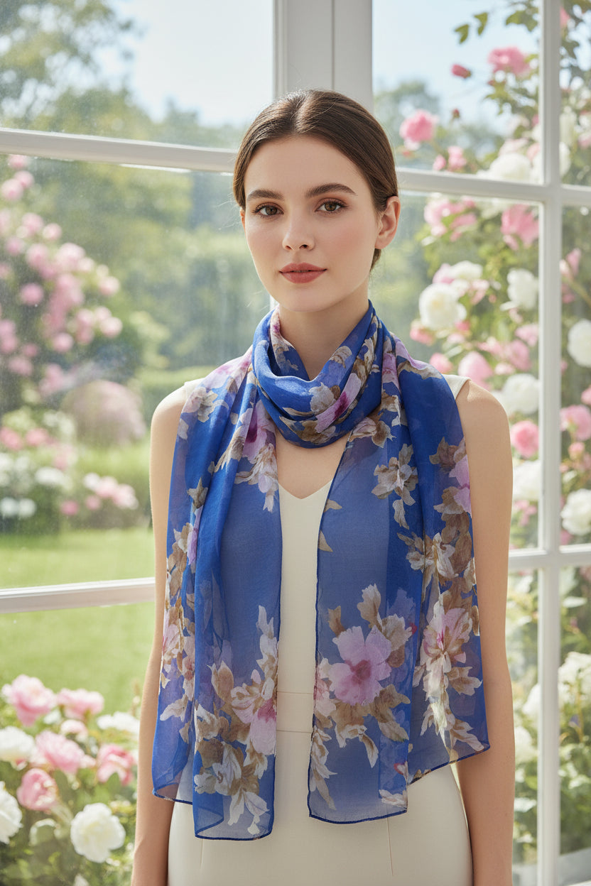 A woman wearing a blue floral silk scarf with pink, purple, and beige flowers, styled around her neck over a white top, standing in front of a bright window with pink roses.
