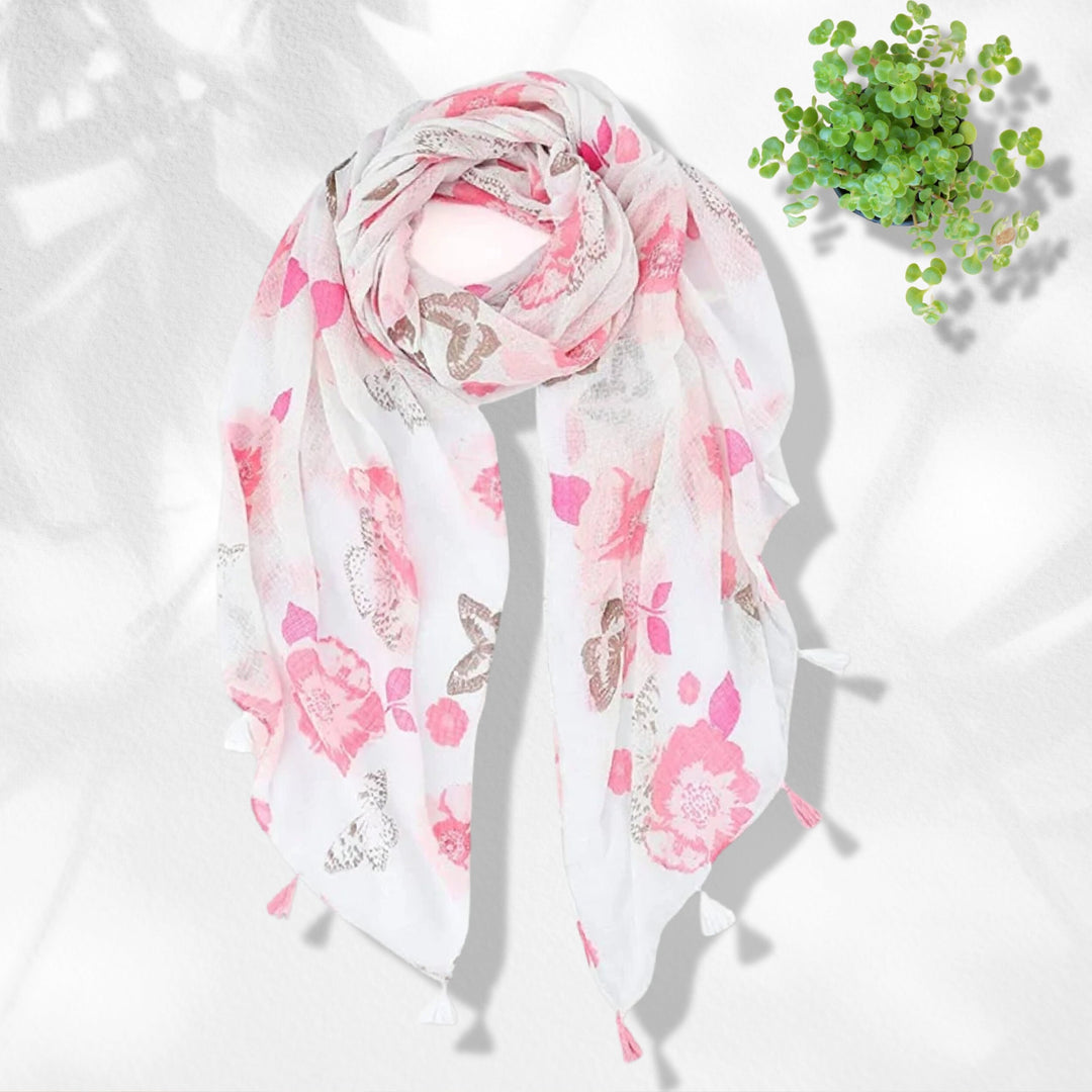 Floral & Butterfly Print Scarf Women's Scarves Personalized Gifts For Women Shawl Wrap White and Pink Scarf Mothers Day Gift for Her - In The Bag Design