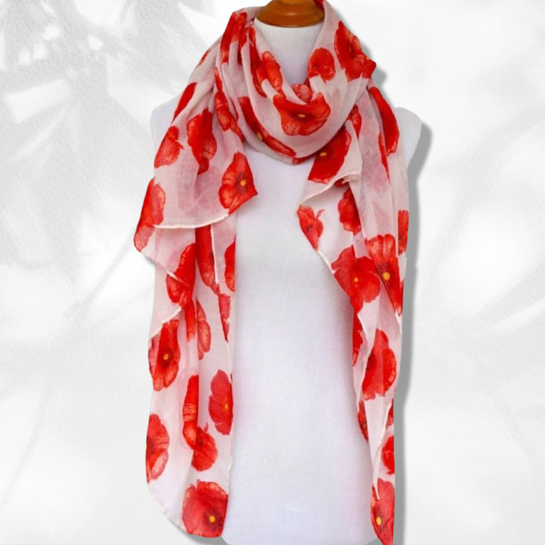 Floral Print Scarf White Red Scarf Poppy Women Scarves Fashion Scarf Mothers Day Gift Wrap Shawl Women's Scarves Personalized Gift for Mom - In The Bag Design