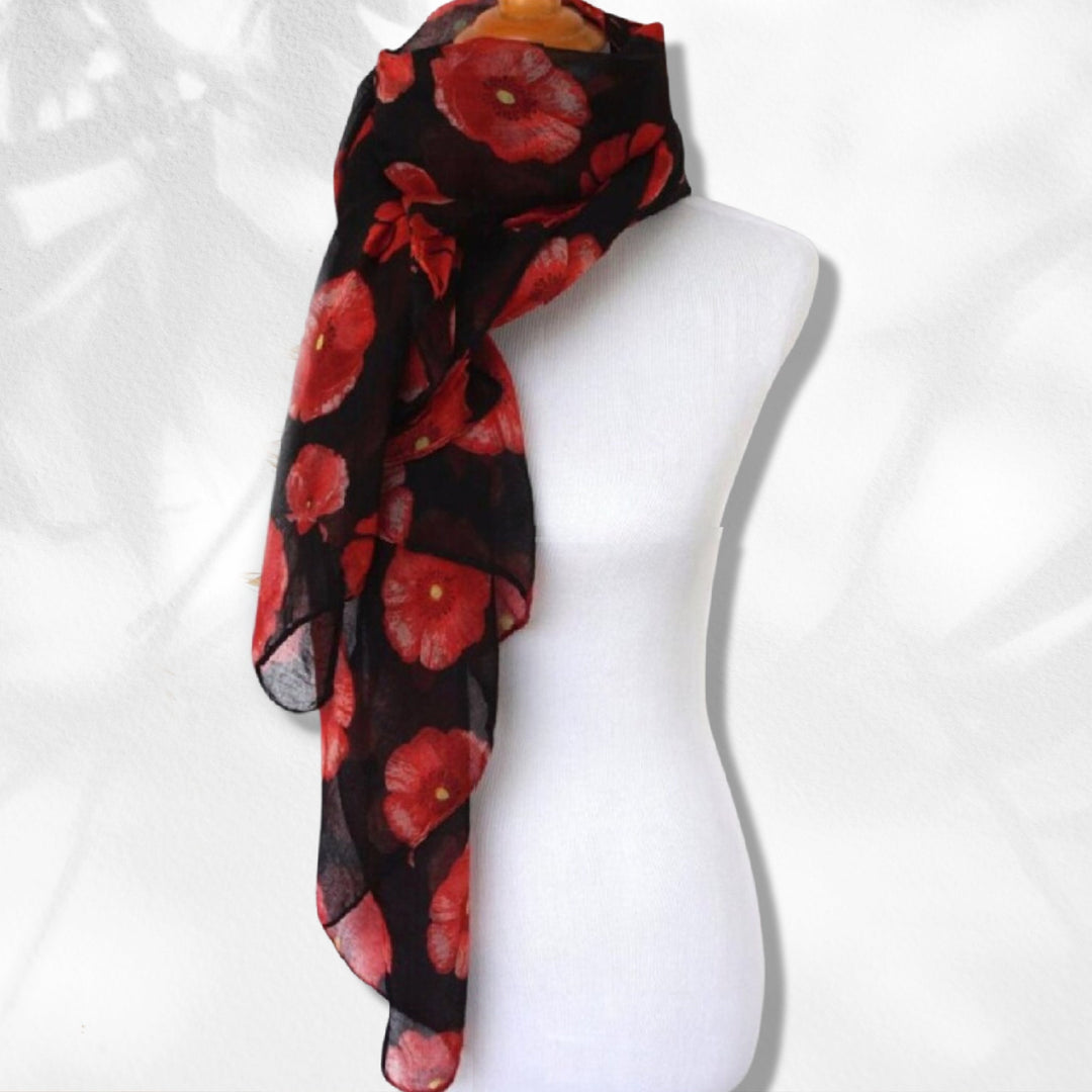 Black Floral Scarf Women's Scarf Shawl Wrap Personalized Gifts For Her Mothers Day Gift Summer Scarf Red Poppy Scarf Birthday Gift for Her - In The Bag Design