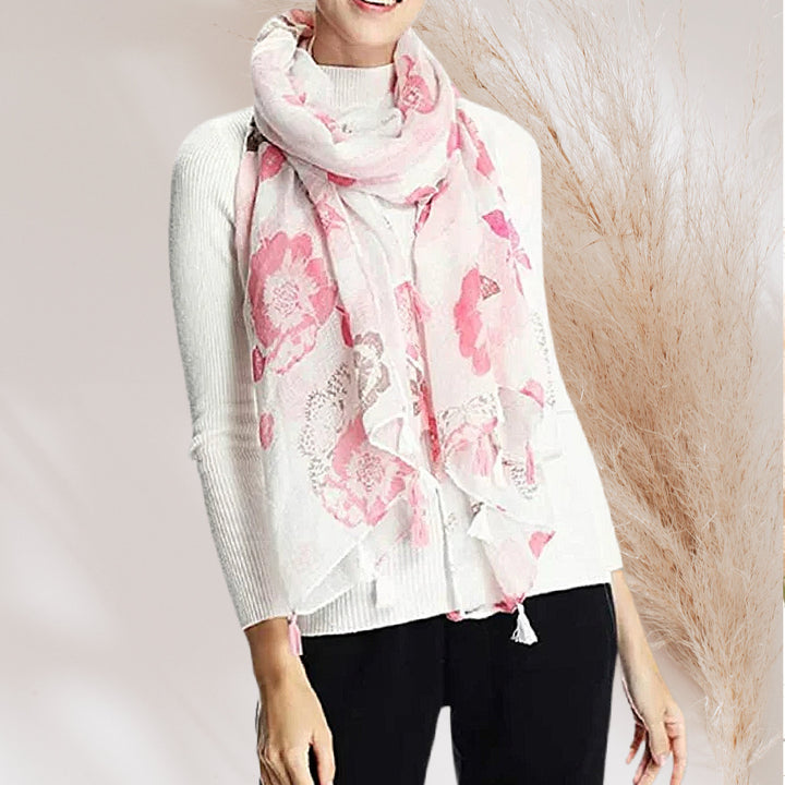 Floral & Butterfly Print Scarf Women's Scarves Personalized Gifts For Women Shawl Wrap White and Pink Scarf Mothers Day Gift for Her - In The Bag Design