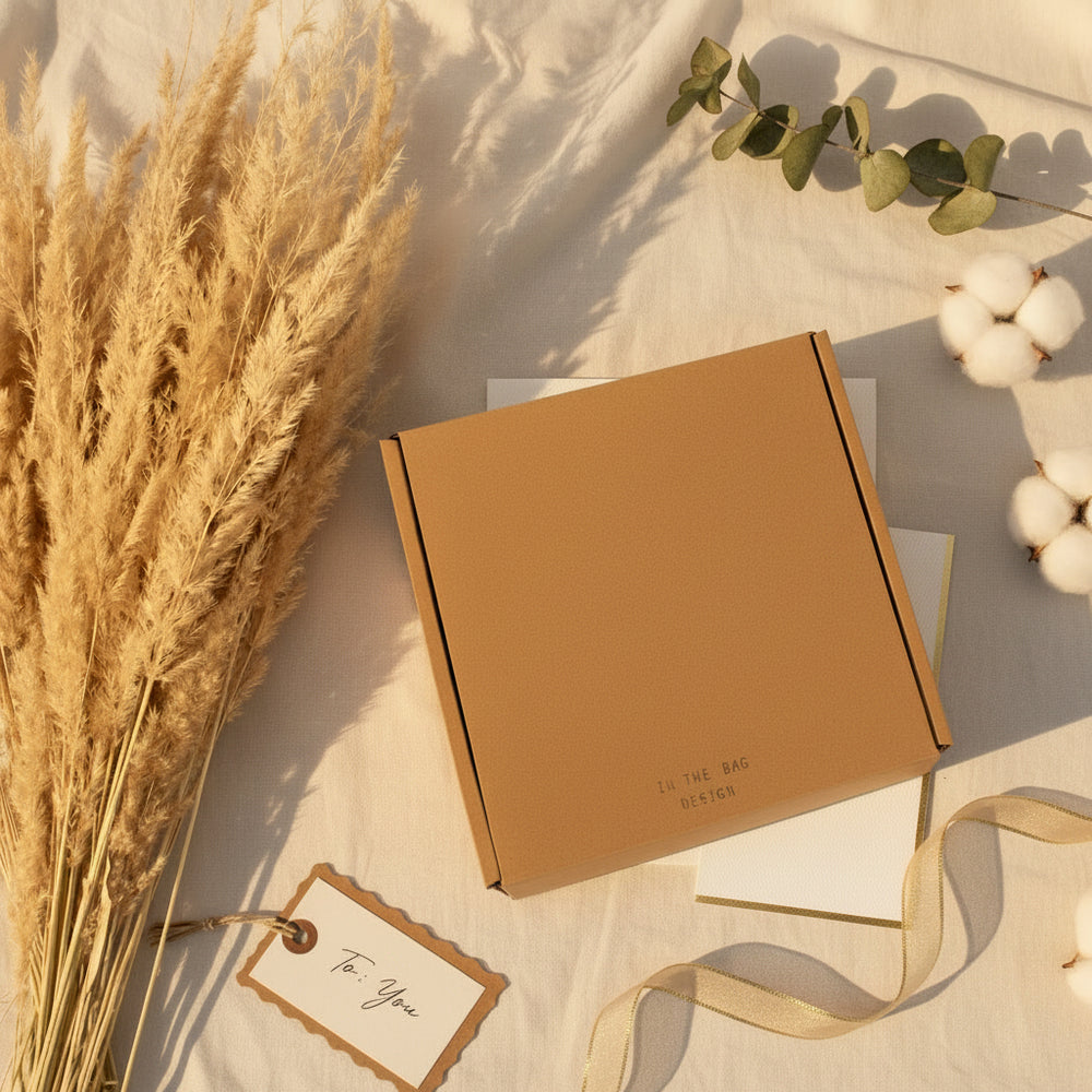 A square kraft paper gift box with the words 'IN THE BAG DESIGN' printed on the front, styled on a white fabric surface with dried pampas grass, cotton bolls, a greenery sprig, and a ribbon.