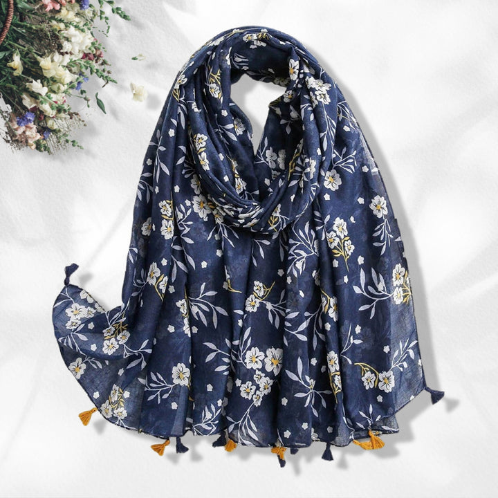 Navy Floral Scarf Blue Summer Scarf Lightweight Tassel Women Scarf Handmade Long Scarf Mothers Day Gift for Women Personalized Gift for Her