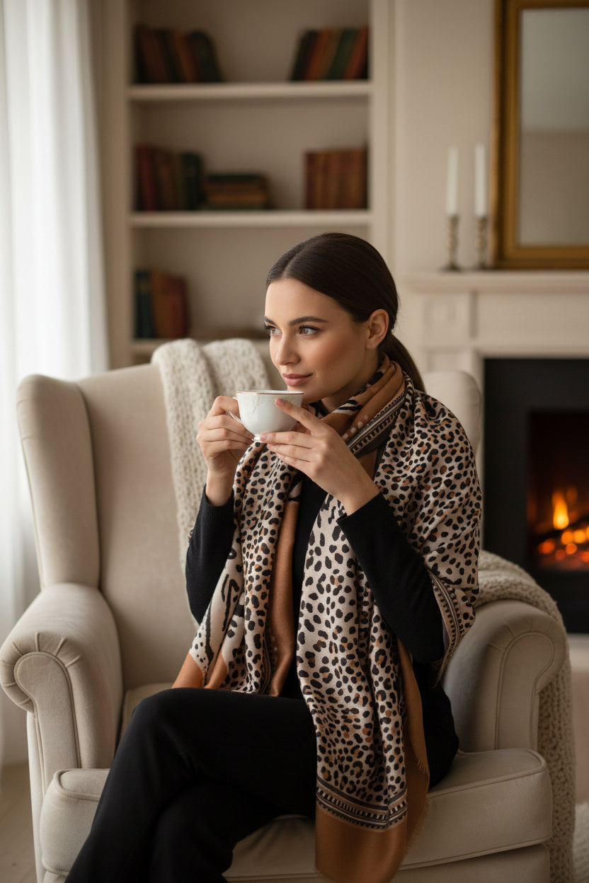 A scarf with leopard print and mustard yellow geometric patterns, draped elegantly with a focus on the soft viscose fabric.