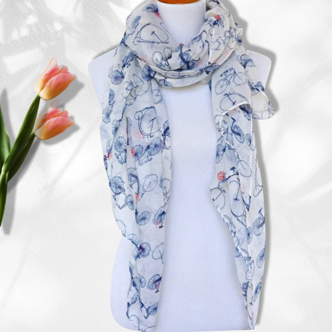 White Summer Scarf Infinity Shawl Bicycle Print Scarf Cycling Accessories Gifts For Her Personalized Scarf Women Wrap Shawl Mothers Day Gift - In The Bag Design