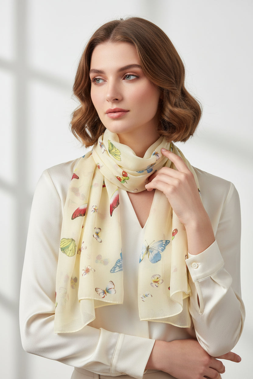 A beige scarf with a butterfly print, draped and displayed on a neutral background.