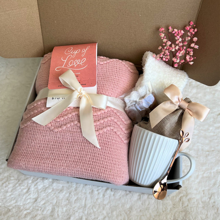 Gift Box for Women with Blanket & Socks, Hygge Gift Basket, Self Care Package, Special Birthday Gift Basket for Best Friend, Gift for Mom